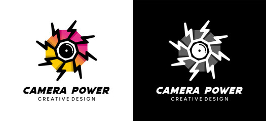 Fototapeta na wymiar Camera logo design, illustration of camera lens logo with electric power icon