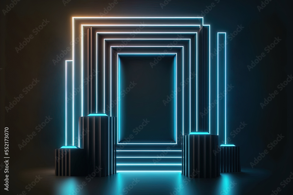 Poster columns and flashing neon lights make up the geometric backdrop. empty rectangle box for text. gener