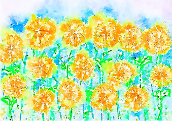 orange abstract field of flowers illustration, impressionist floral image