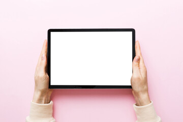 female teen hands using tablet pc with white screen, Mockup image of woman hand holding white...