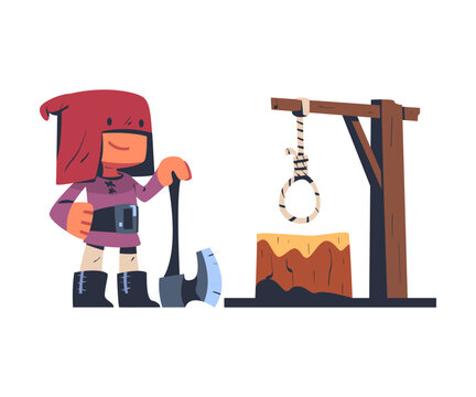 Executor or Headsman from Middle Age Wearing Red Hat with Sharp Axe Vector Illustration