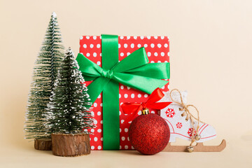 Christmas composition. craft Gift box, small tree, branches and craft DIY decorations on white background. New year concept. Christmas home decoration Flat lay, top view, copy space