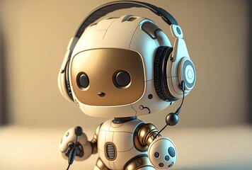 A adorable robot or artificial intelligence wearing a headset with a cartoon figure. Generative AI