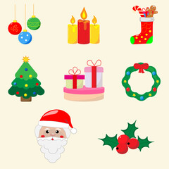 Set of Christmas New Year  icons.  Santa, candles, Christmas wreath, gift boxes.