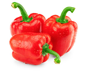 three red sweet bell peppers isolated on white background. clipping path