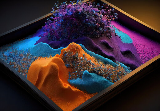 Opera astratta collocata all'interno di una sabbiera contenente sabbia cinetica colorata scintillante. Illustrazione digitale. Consigliato l'utilizzo come sfondo per smartphone o computer desktop.