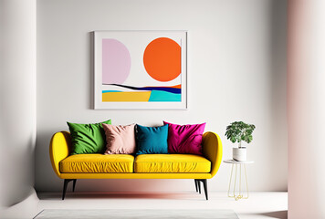 Brightly colored modern living room mockup with a sofa against a white wall as the backdrop. Generative AI