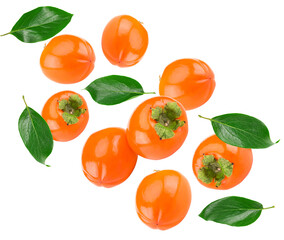 flying ripe persimmons isolated on white background. clipping path