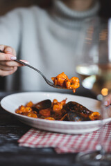 Italian pasta with seafood on a dark wooden background. Food photography.