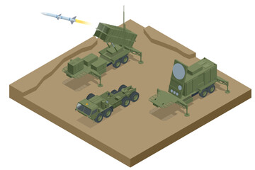 Isometric Mobile surface-to-air missile or anti-ballistic missile system MIM-104 Patriot. American surface-to-air missile system developed by Raytheon to protect strategic targets