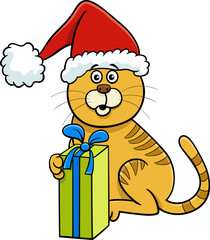 cartoon cat or kitten with gift on Christmas time