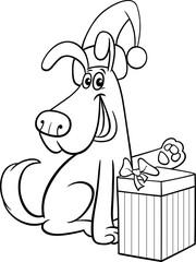 comic dog with Christmas present coloring page