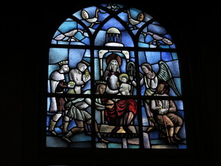 Amsterdam Begijnhofkapel Chapel Stained-Glass Window Close Up with Nativity Scene and the Three...
