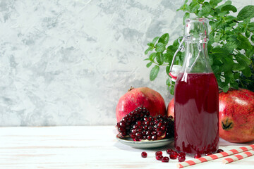 Fresh pomegranate juice. Detox drink. Top view with copy space.