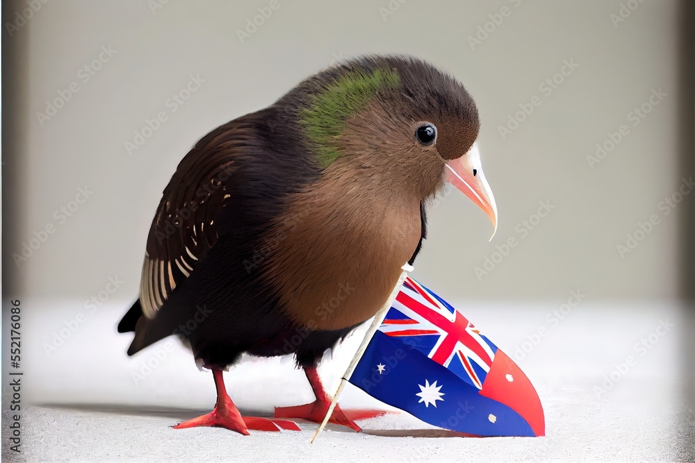 Poster a bird with a flag on its head and a flag on its tail sitting on a table top with a white background