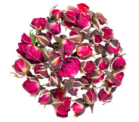 Heap of dry tea roses buds isolated on white background. Rose flower tea. Phnom Penh rose tea....