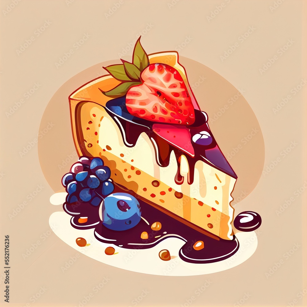 Poster a piece of cake with a strawberry on top of it and blueberries on the side of it. generative ai