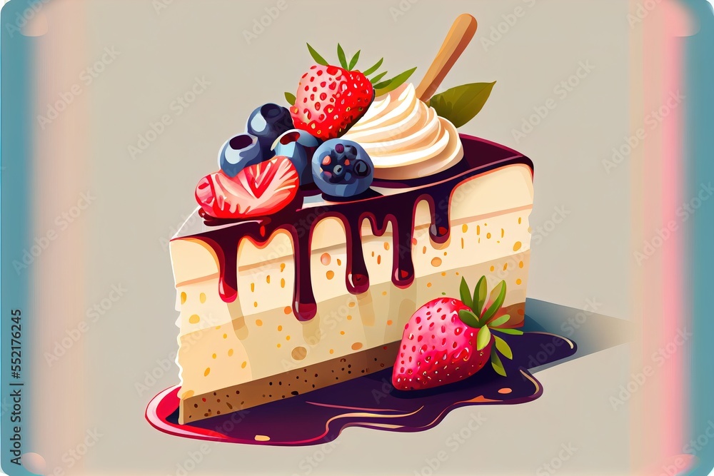Poster a piece of cake with strawberries and blueberries on top of it with a spoon in it and a drizzle of c