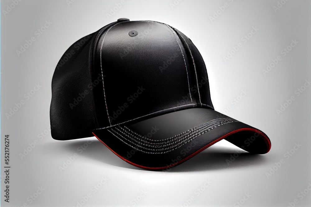 Poster a black hat with red stitching on the side of it. generative ai