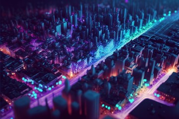Neon metropolis in isometric style. City in neon colors. Cyberpunk city in isometric. 3D illustration, generative ai
