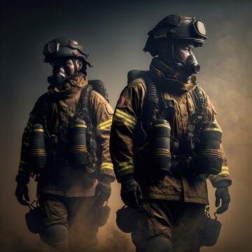 Firefighter in protective uniform. Firefighter in full growth with equipment. Emergency. Young brave men in the form of a fireman with a helmet on his head