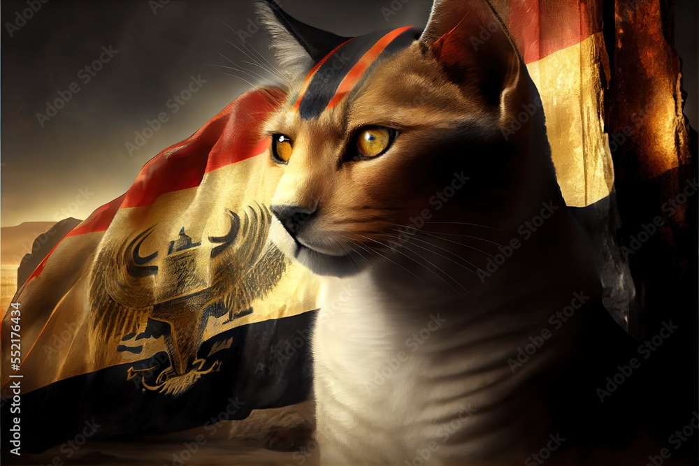 Poster a cat with a flag in the background of a picture of a cat with a flag in the foreground. generative 