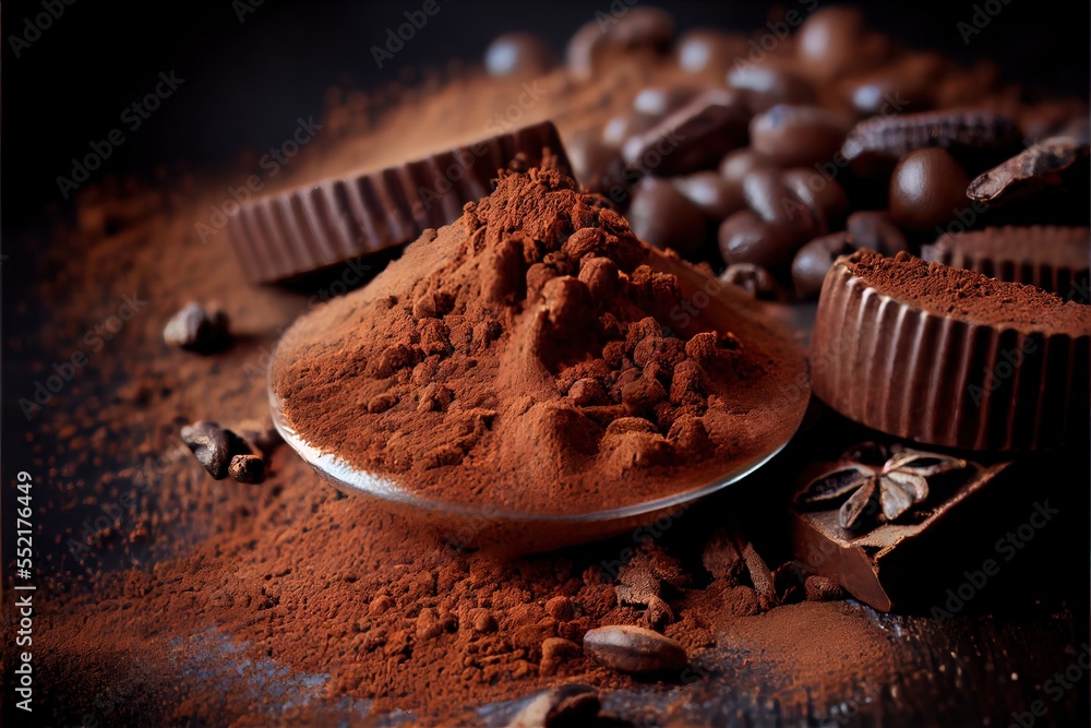Poster a spoon full of cocoa powder next to chocolates and cocoa beans on a table with a spoon of cocoa pow