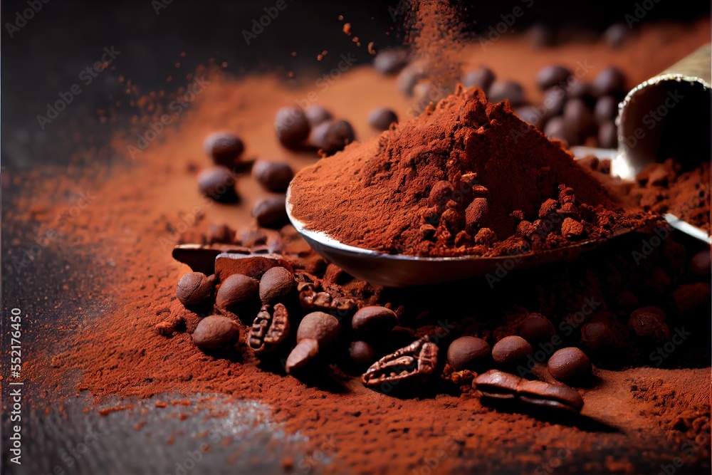 Poster a spoon full of cocoa powder and cocoa beans on a table with a spoon full of cocoa powder and cocoa 