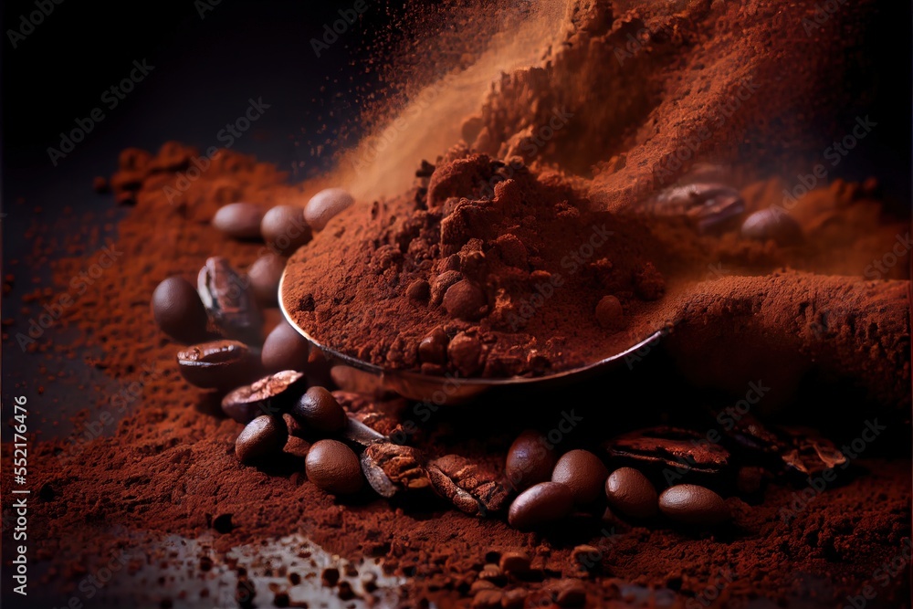 Poster a spoon full of cocoa powder and cocoa beans on a table with cocoa powder and cocoa beans scattered 