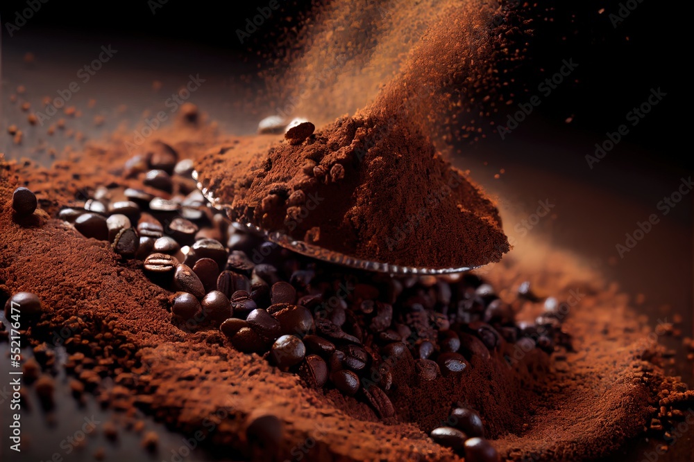 Poster a spoon full of cocoa powder and coffee beans on a table with a scoop of cocoa powder on top. genera