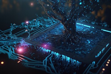 Technology tree - network connection or big data technology concept, artificial intelligence and technological organism. 3D tech tree illustration, generative ai