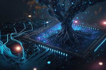 Concept of developing artificial intelligence and big data network. 3d illustration of a living tree from technology. Generative ai