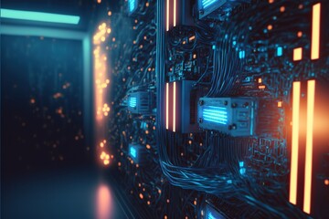 Hi-tech concept. Network connection by fiber cables, network system with cables. Servers. Cryptocurrency mining, room with blocks and wires. 3D illustration generative ai