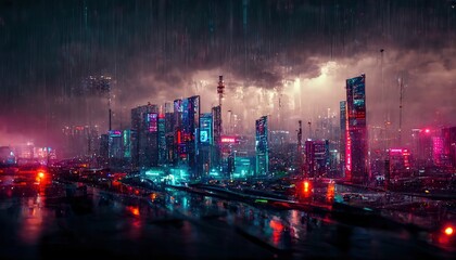 Cyberpunk neon city night. Futuristic city scene. 2077 wallpaper. Retro future 3D illustration. Urban landscapes. Dystoptic artwork at night. Generative AI - obrazy, fototapety, plakaty
