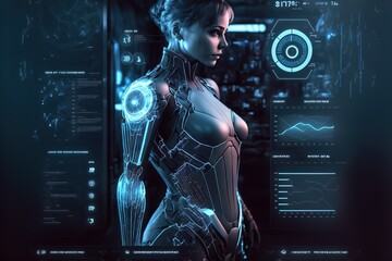 Fototapeta na wymiar Detailed technological cyber girl in a futuristic costume with a headset. Woman robot android. Dark background with graphs and statistics. Artificial intelligence. Cyberpunk. Generative AI