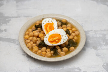 Boiled chickpea with spinach and boiled egg on plate