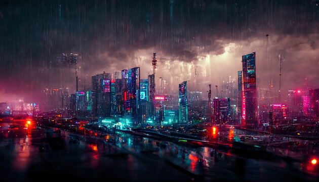 Cyberpunk neon city night. Futuristic city scene. 2077 wallpaper. Retro future 3D illustration. Urban landscapes. Dystoptic artwork at night. Generative AI