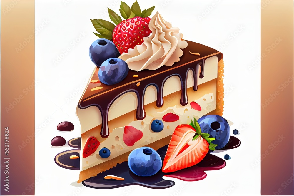 Poster a piece of cake with chocolate and fruit on top of it and a drizzle of chocolate on the side. genera