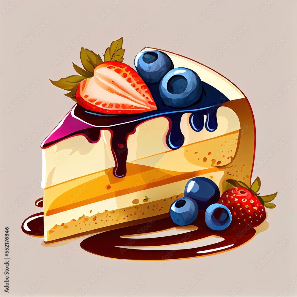 Poster a piece of cake with blueberries and strawberries on top of it and a drizzle of chocolate. generativ