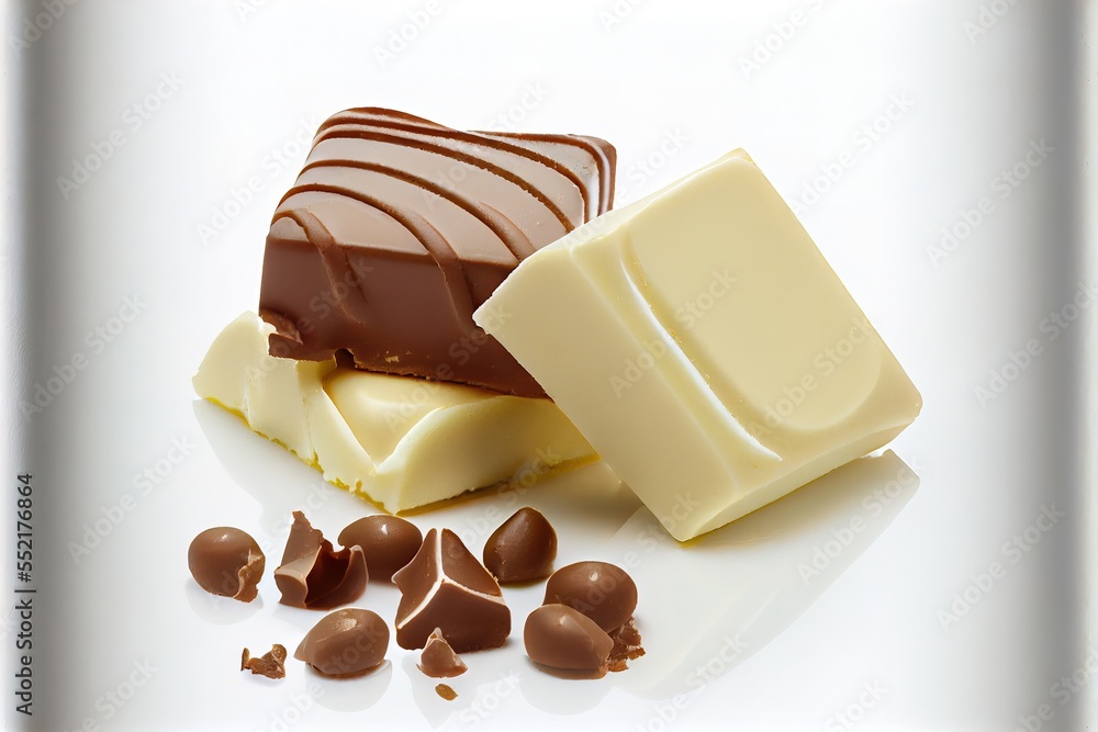 Poster a close up of a piece of chocolate and a piece of chocolate with nuts on a white background with a s
