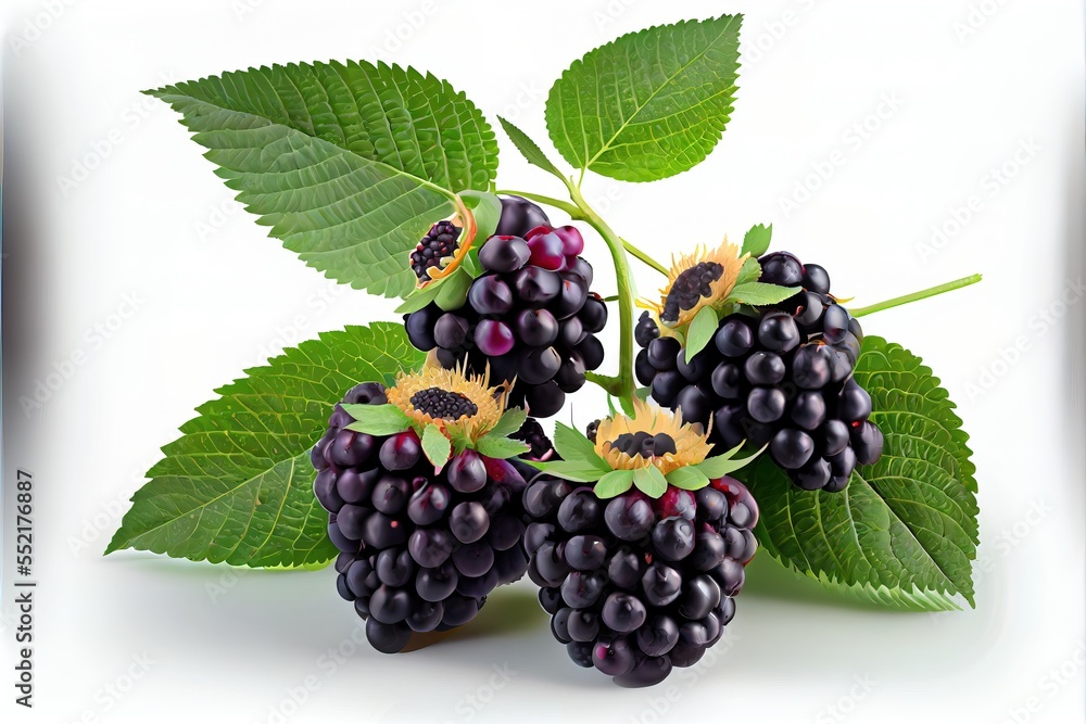 Poster a bunch of blackberries with leaves on a white background with a white background and a white border
