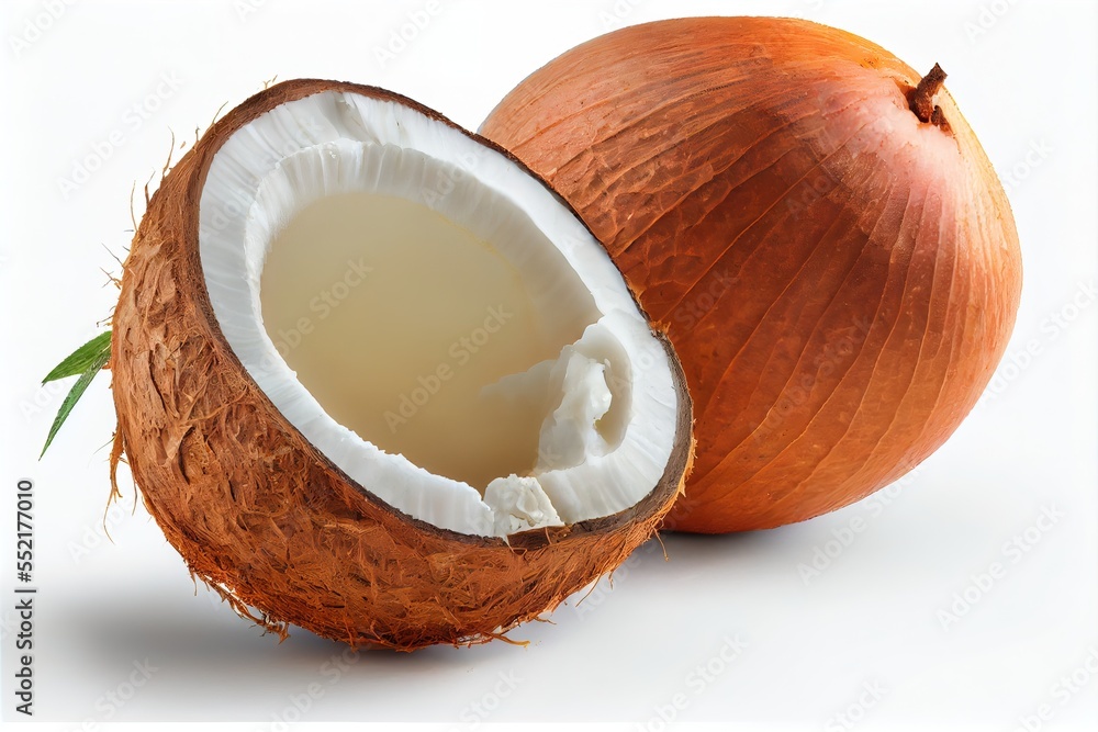 Poster a coconut and a coconut juice in a coconut shell on a white background with a green leaf on the side