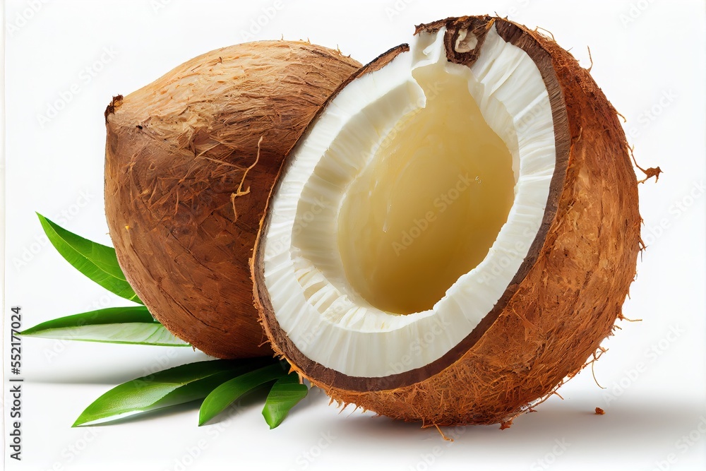 Poster a coconut with a bite taken out of it and a green leaf on the side of it. generative ai
