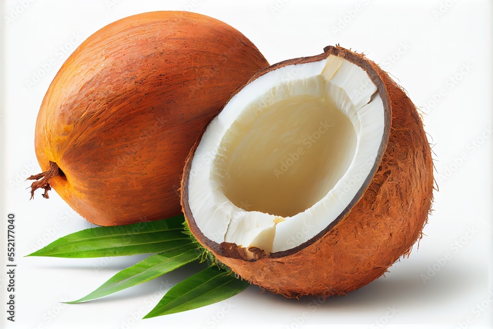 Poster a coconut with a bite taken out of it and a green leaf on the side of it. generative ai