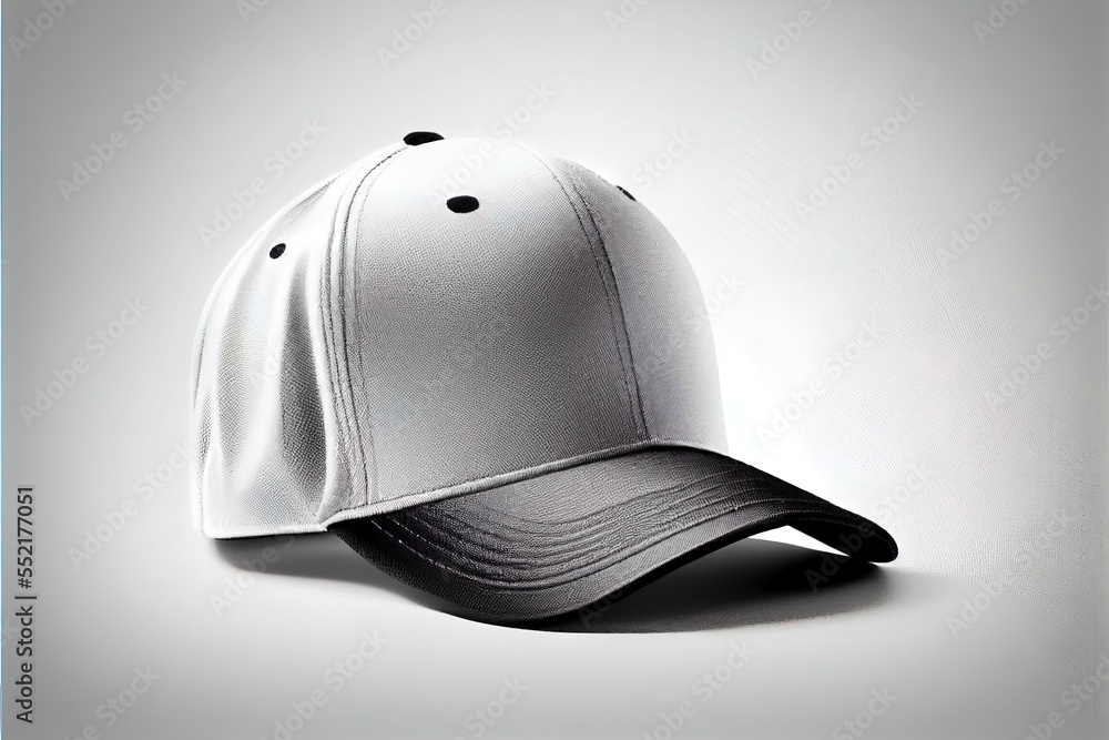 Poster a white baseball cap with a black peak on a gray background with a shadow of the cap on the left sid