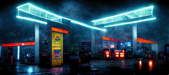 Futuristic gas station. Steampunk background. Sci-Fi, cyber-city style gas station. Cyberpunk. Generative AI