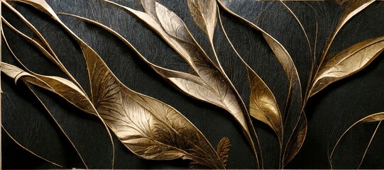 Tropical foliage in golden color. Luxurious illustration. 3d realistic golden leaves. Generative ai