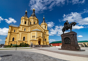  Alexander Nevsky New Fair Cathedral. Cathedral of the Holy Prince Alexander Nevsky. Cathedral on Strelka in Nizhny Novgorod. - obrazy, fototapety, plakaty