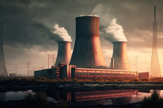 CHP building. Industrial production. Industry symbol. Cooling towers of CHP thermoelectric power station. The concept of environmental pollution. Generative AI