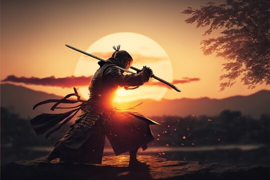 Alone samurai against the sunset, fully equipped with a katana. Pre-fight training. Falling sakura flowers and a samurai against the background of a sunset with a sword in his hands. Generative AI